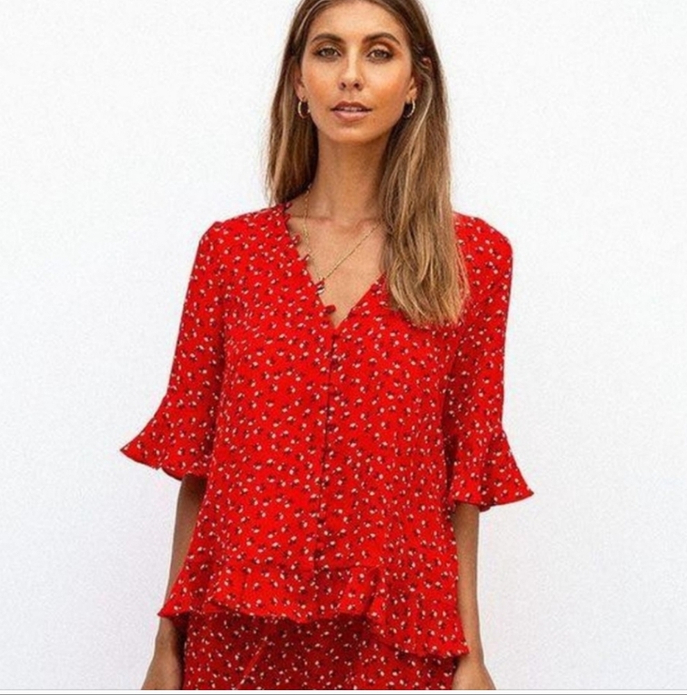 Sabo Skirt Red Floral Print Blouse Size Small